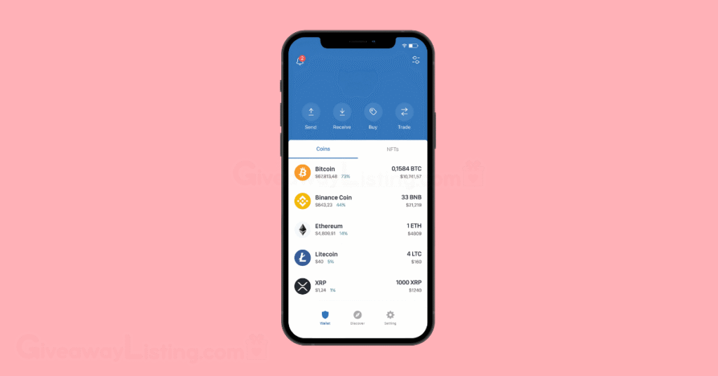 a mobile phone showing the Trust wallet interface.