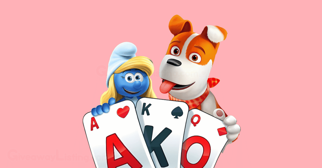 San, the dog, and Smurfette holding game cards.