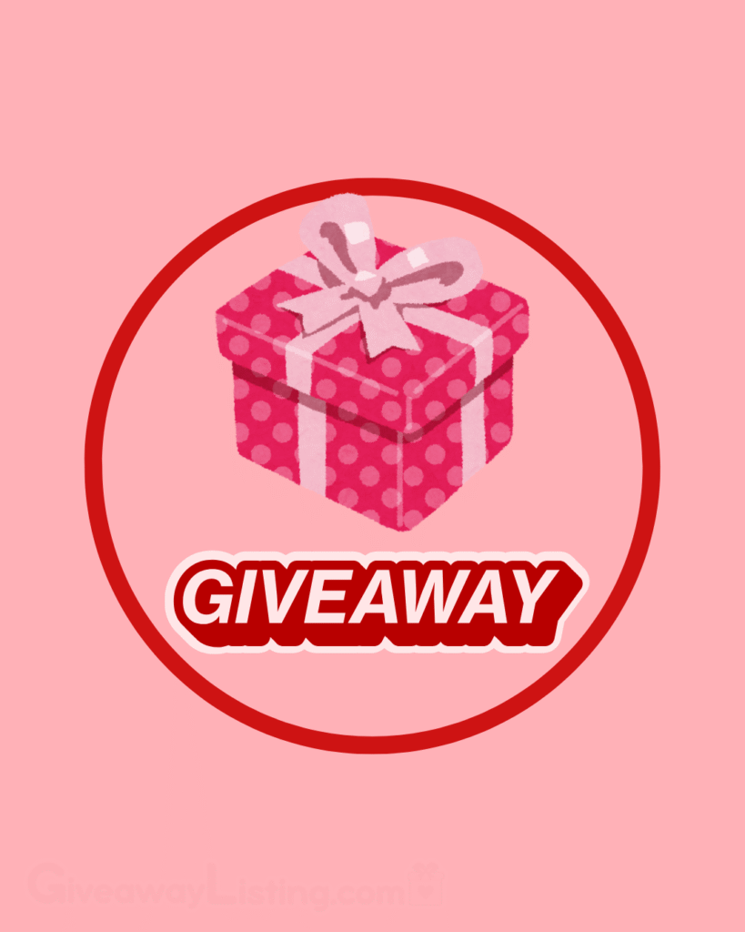 A graphic giveaway image design showing a gift box inside a circle, and a giveaway text underneath, on a light pink background.