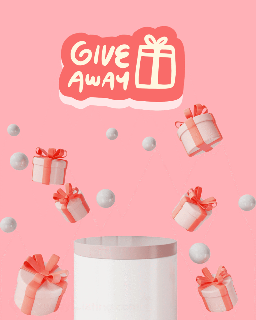 a graphic giveaway image design showing gift boxes, bubbles, and a giveaway text on a light pink background.