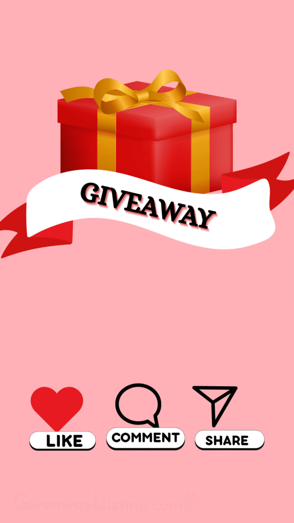 A graphic giveaway image design showing a light pink background with a gift box, and social media icons for 'like' 'share', and 'comment.