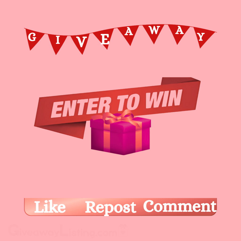 a graphic giveaway image design showing a gift box, a ribbon containg a Giveaway text, and entry instructions.