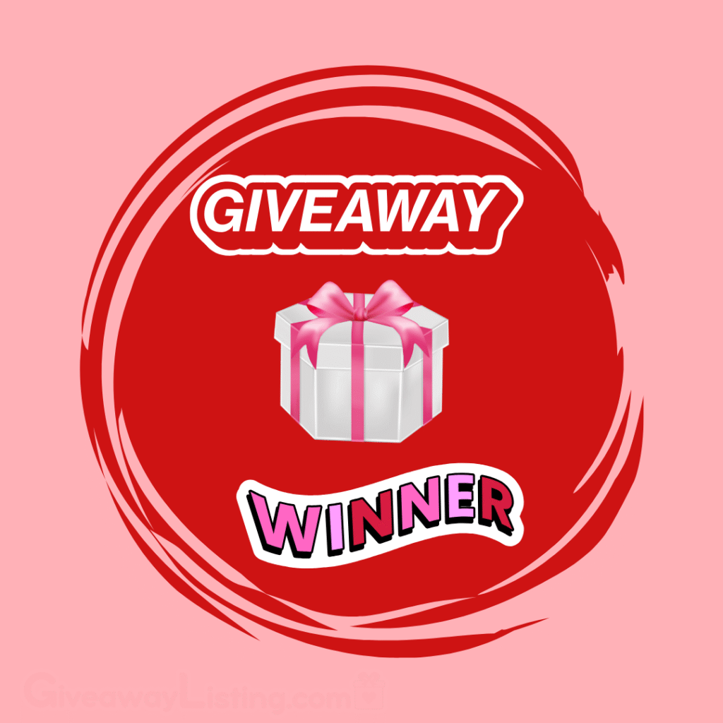 a graphic giveaway image design showing a gift box, on a red bubble on a light pink background.