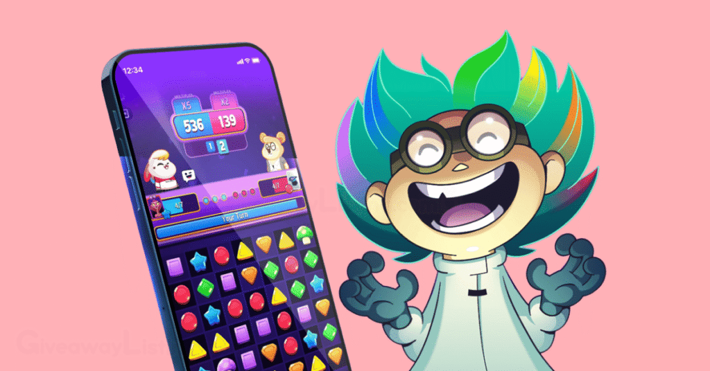 a Match Master's game character and a phone showing the matching game.