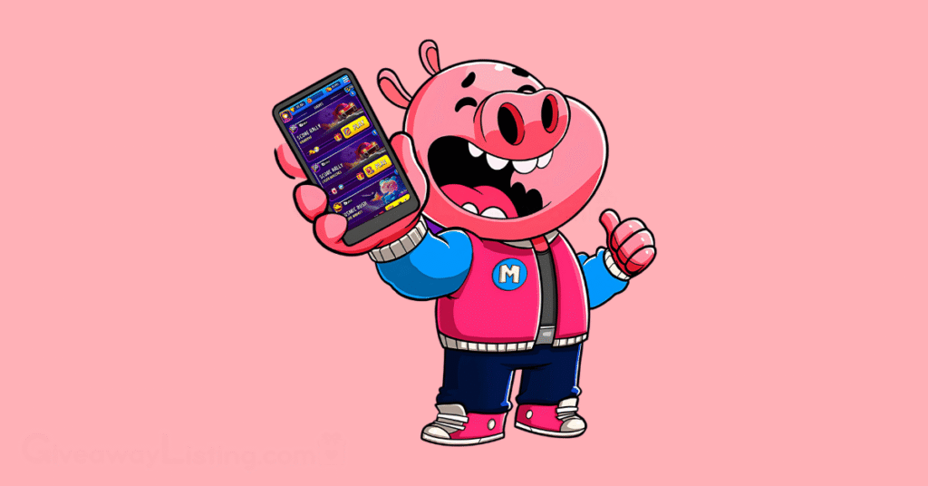 A character in the Match Masters game holding a phone with the screen showing the game interface.