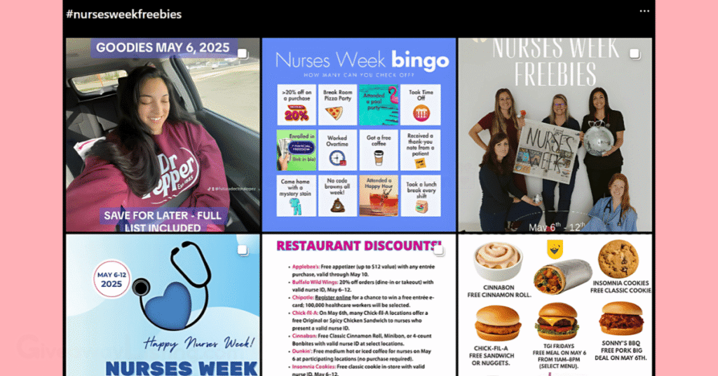 Instagram posts showing available nurses' week freebies.