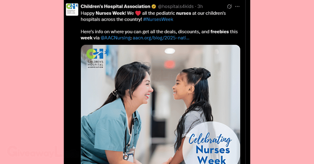 a Twitter post showing nurses' week freebies.