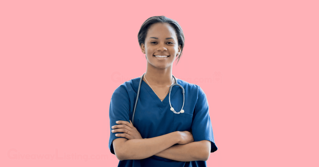 A nurse in her scrubs and a stethoscope around her neck.