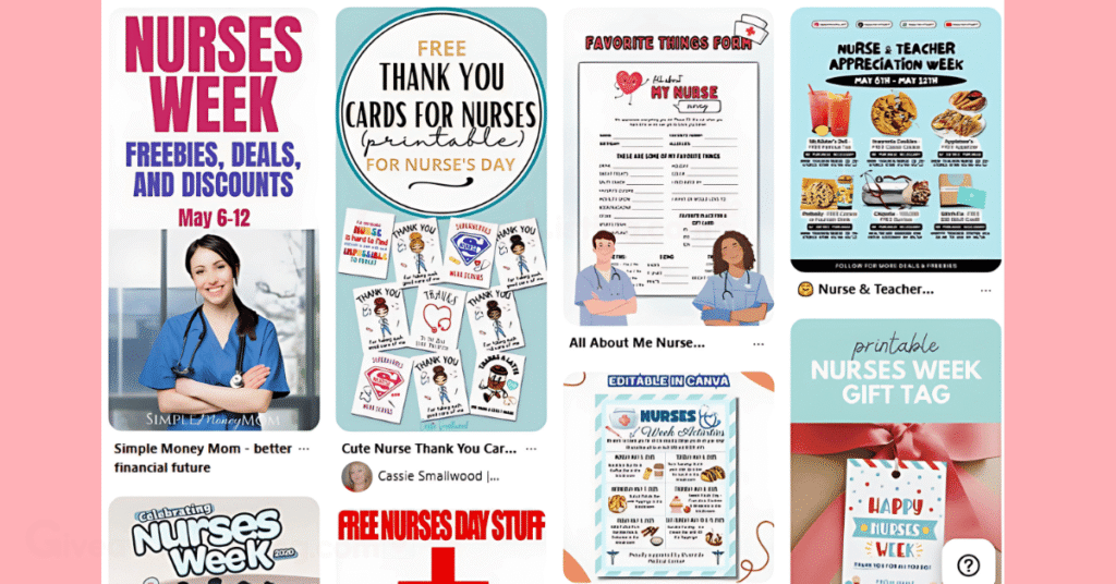 a Pinterest board showing a list of nurses' freebies.