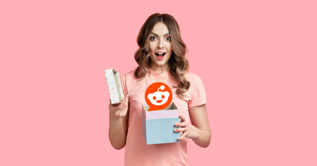a woman holding an open gift box with the Reddit logo inside it.