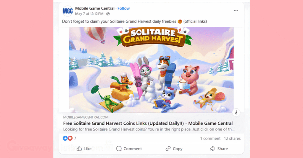 a post on Facebook showing Grand Harvest Solitaire Freebies.