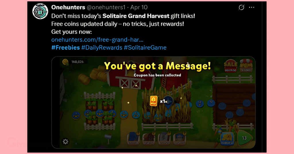 a post on Twitter showing available Solitaire Grand Harvest freebies on Twitter/X