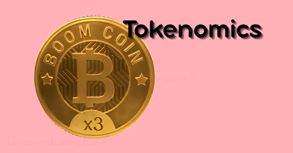 The Boom Loud Coin token logo and a text stating "Tokenomics".