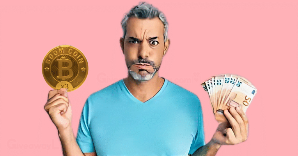A man wearing a blue T-shirt holding the Boom Loud Coin token in one hand and cash in the other hand