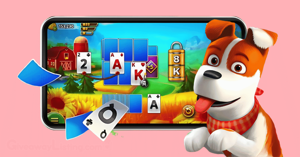 Solitaire Grand Harvest's game character Sam, the dog, and a mobile phone behind him, with the screen showing the game interface.