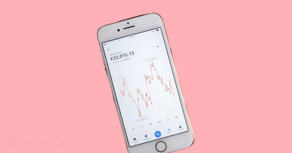 a mobile phone showing crypto candlesticks and wallet.