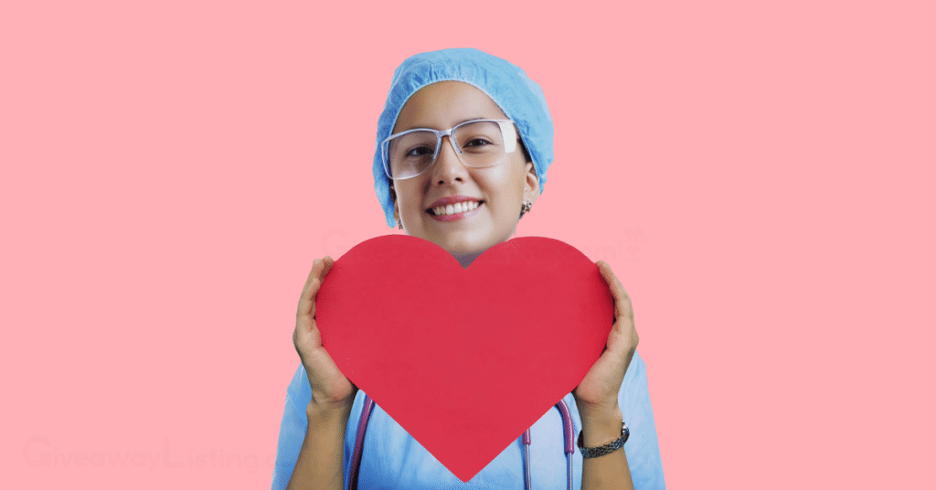 a nurse holding a heart-shaped frame.
