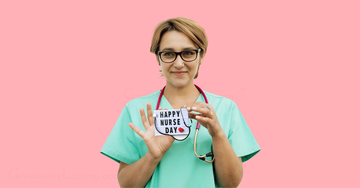 a happy nurse holding a tag that reads 'happy nurses day.'