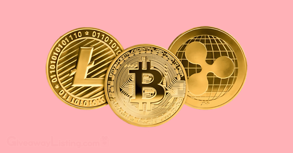 Three crypto coin logos on a light pink background.