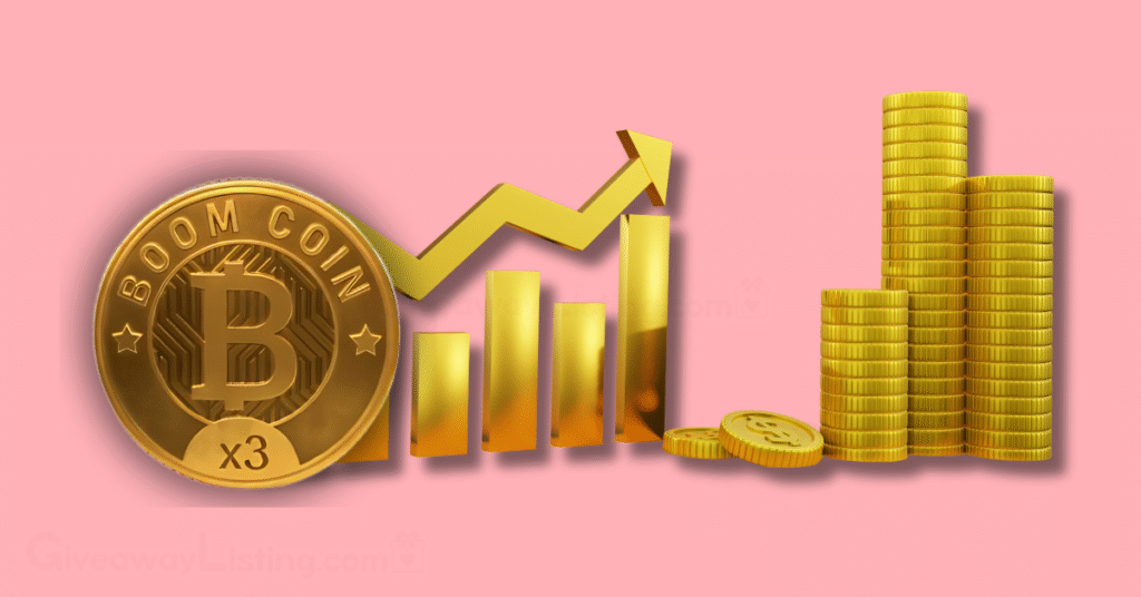 The Boom Loud Coin token logo and gold trading candlesticks
