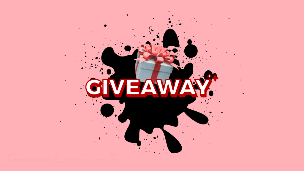 a landscape graphic giveaway image design showing a gift box, and a giveaway text on a splash paint.