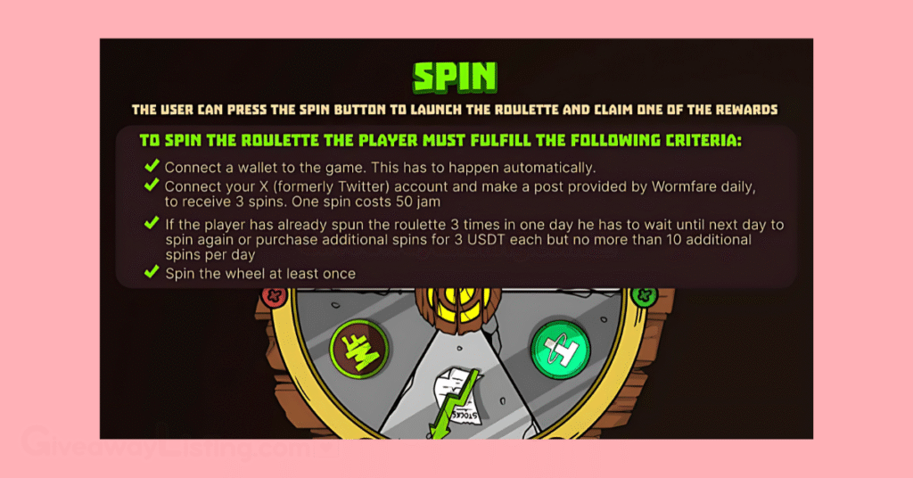 Screenshot from the official Wormfare Slap Medium page explaining how to use the Spin Button