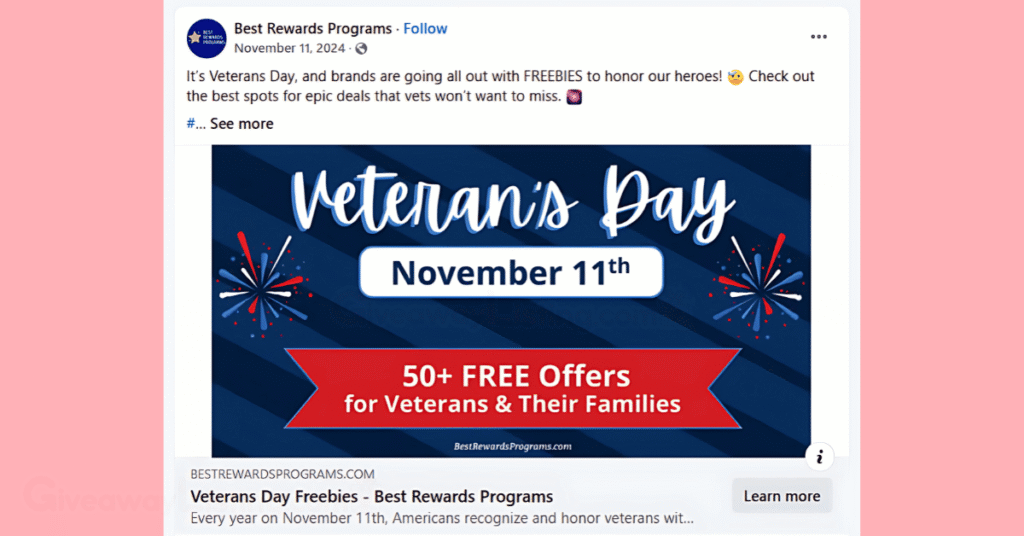 a post on Facebook announcing Veterans Day Freebies availability.