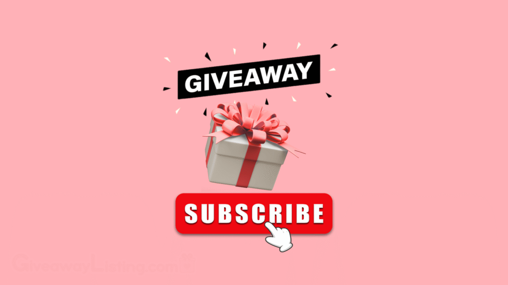 A graphic giveaway image design showing a gift box, a giveaway text, and a subscribe button icon.