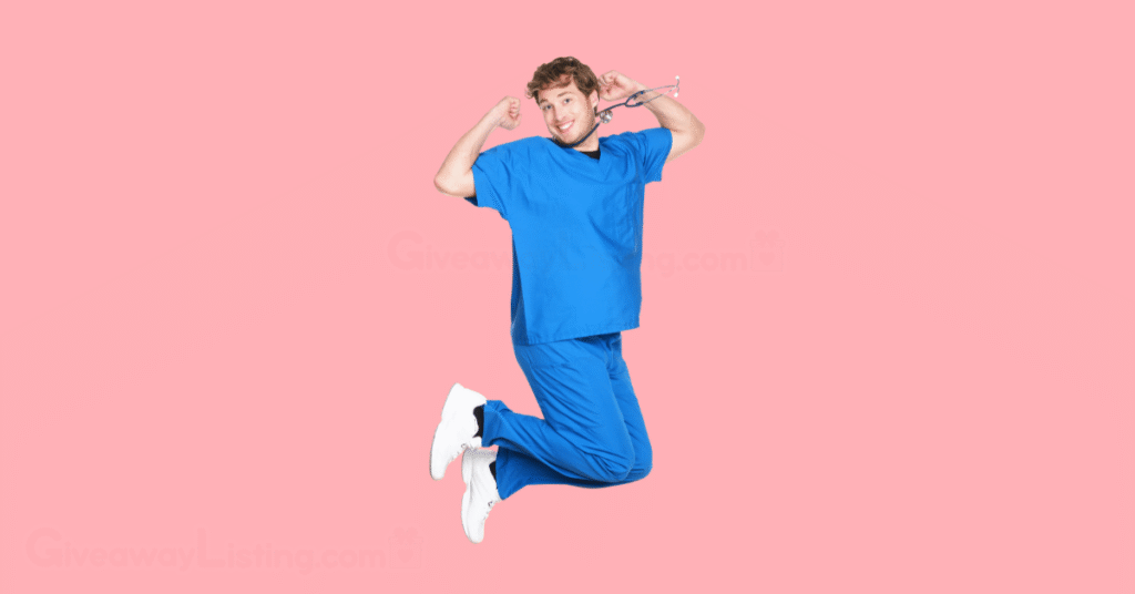 a happy nurse jumping.