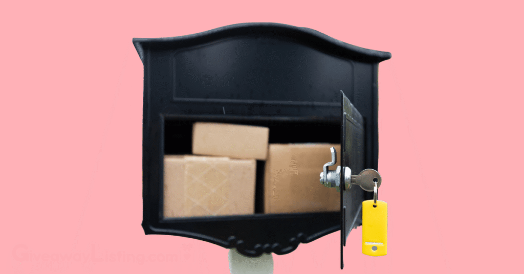 An open mailbox with packages inside it on a light pink background.