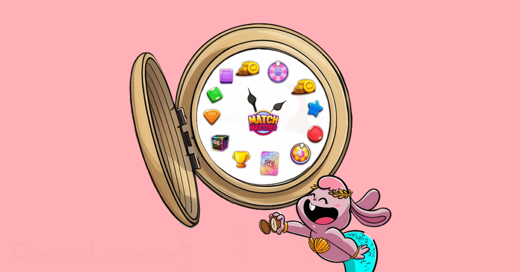 a pocket clock showing some Match Masters freebies and a game character peering into a mini pocket watch.