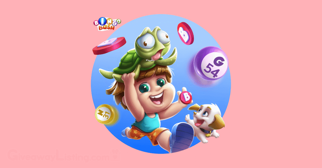 Bingo Bash game character and pets with floating Bingo bash chips.