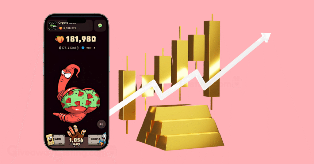 Mockup image of the Wormfare Slap interface on a smartphone and gold trading candlesticks