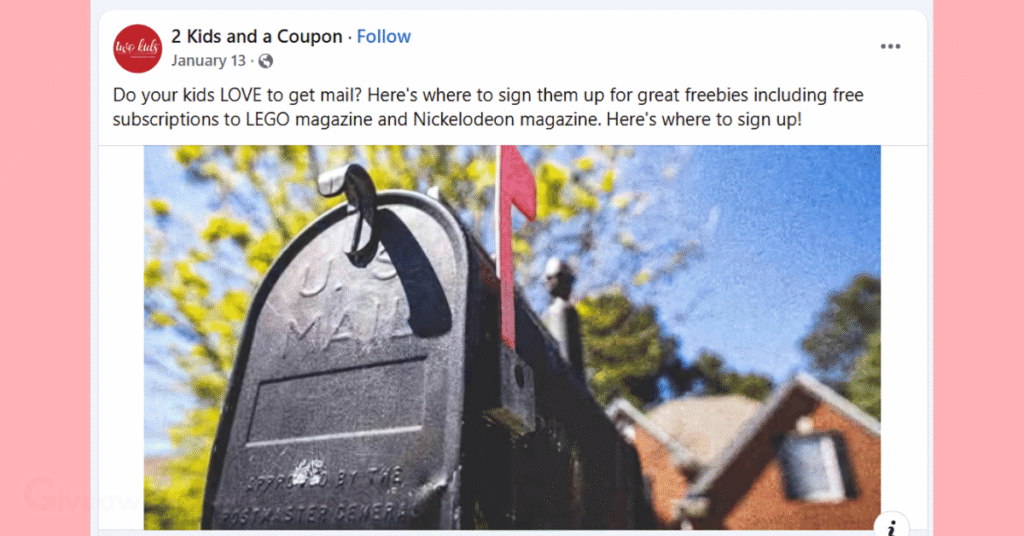 a post on Facebook showing offers for freebies by mail.