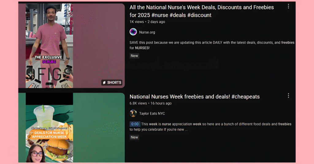 YouTube videos showing nurses' week freebies.