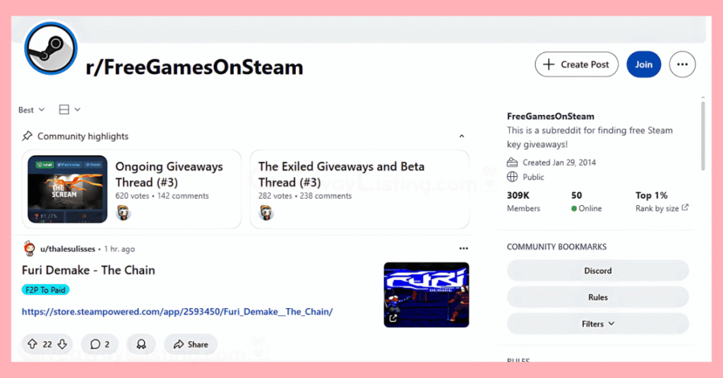 the r/FreeGamesOnSteam subreddit