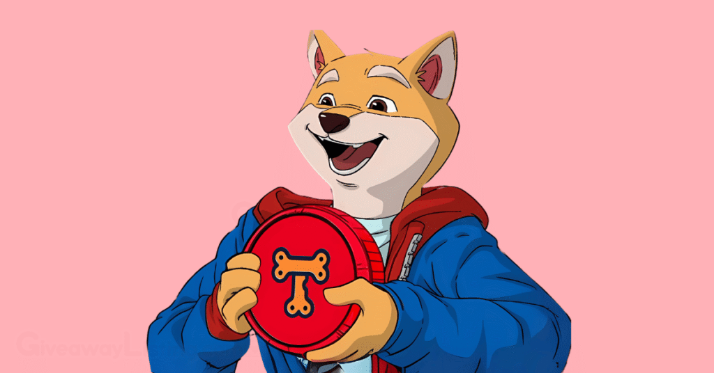 a dog holding the Shiba Inu Treat airdrop coin.