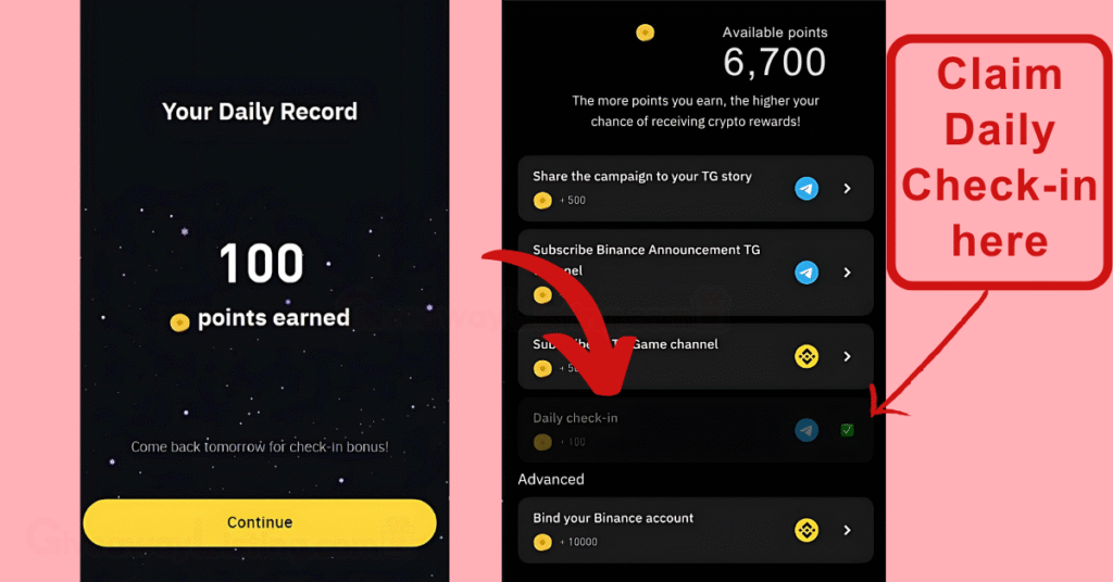 Moonbix interfaces showing how to claim the daily check-ins