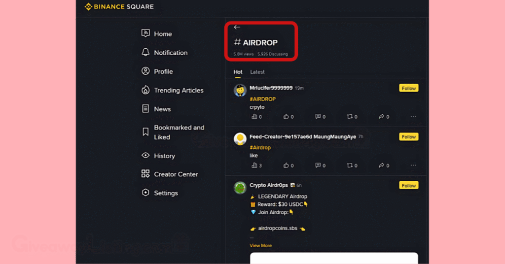 Binance's airdrop news section.
