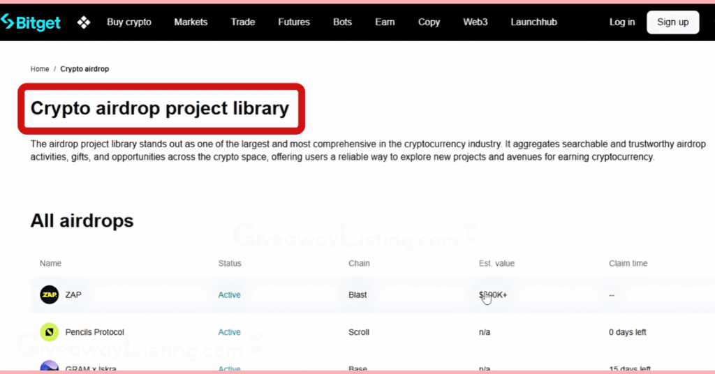 Bitget's airdrop news section.