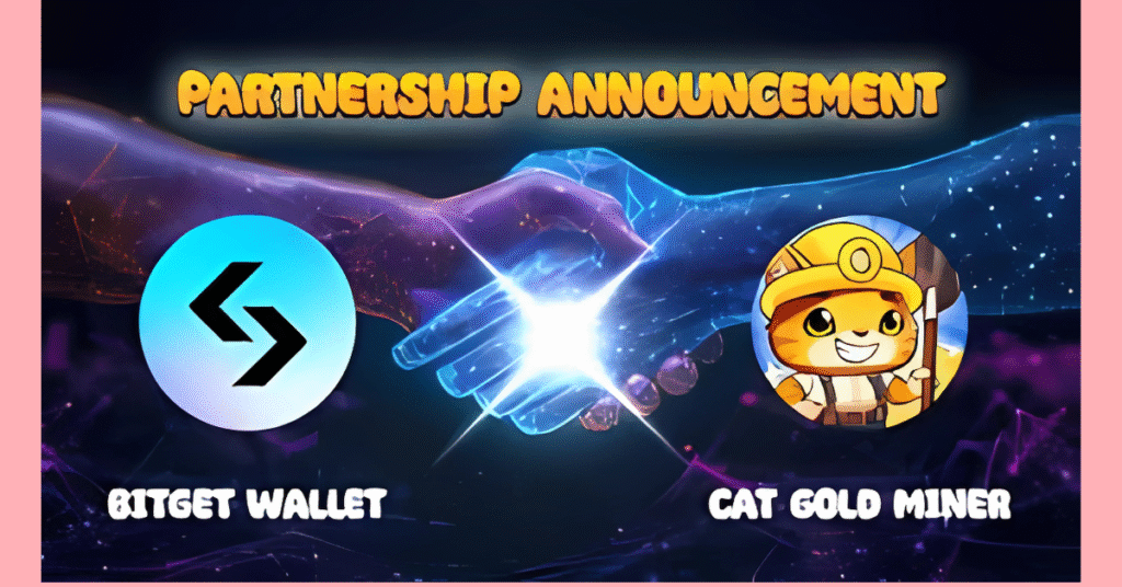Announcement banner from the official Cat Gold Miner X account showing their partnership with Bitget