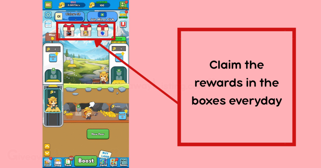 Cat Gold Miner Interfaces showing how to claim the Daily Rewards