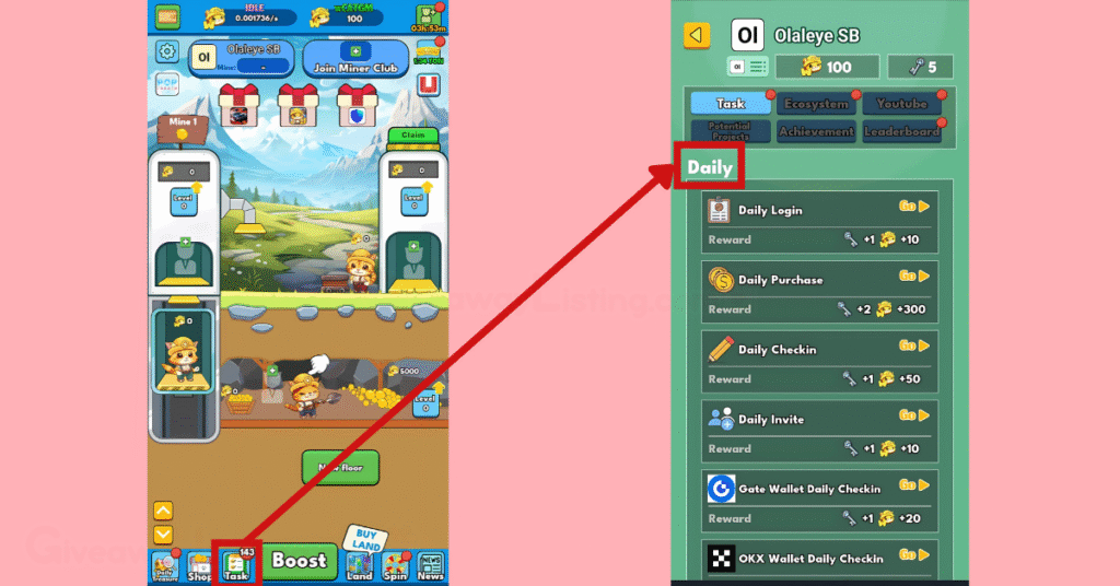 Cat Gold Miner Interfaces showing how to complete the Daily Tasks