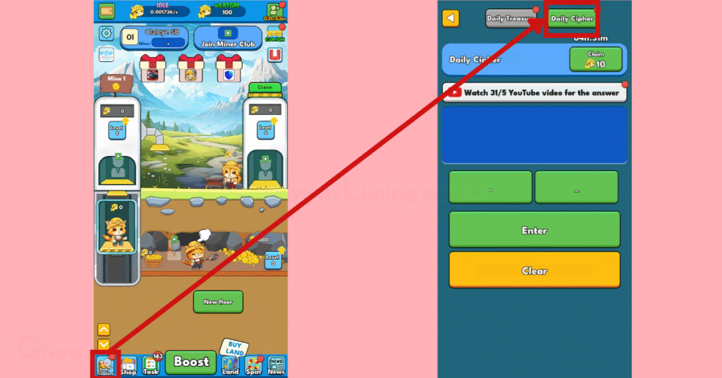 Cat Gold Miner Interfaces showing how to complete the Daily Cipher