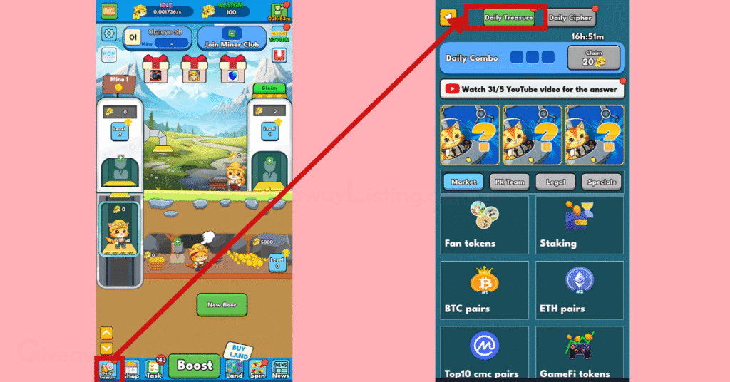 Cat Gold Miner Interfaces showing how to complete the Daily Treasure