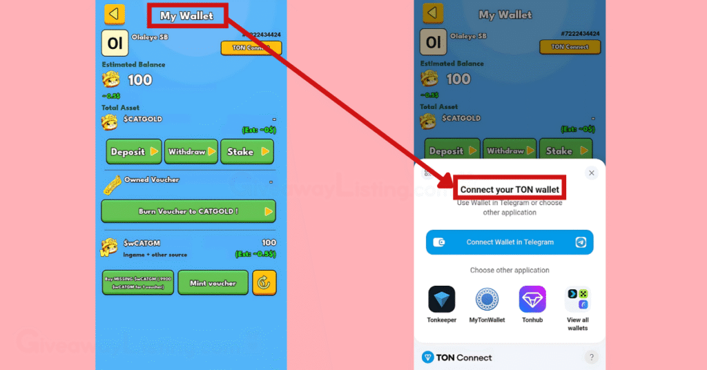 Cat Gold Miner interfaces showing how to connect your wallet