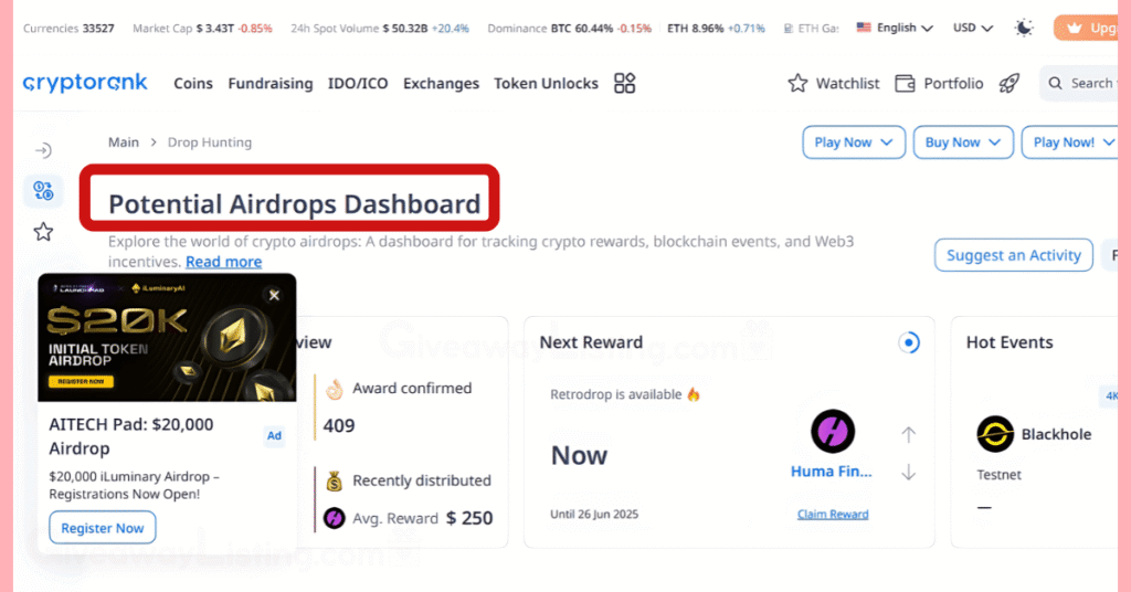 Cryptorank's airdrop news section.