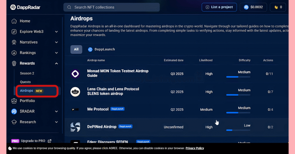 DappRadar's airdrop news section.