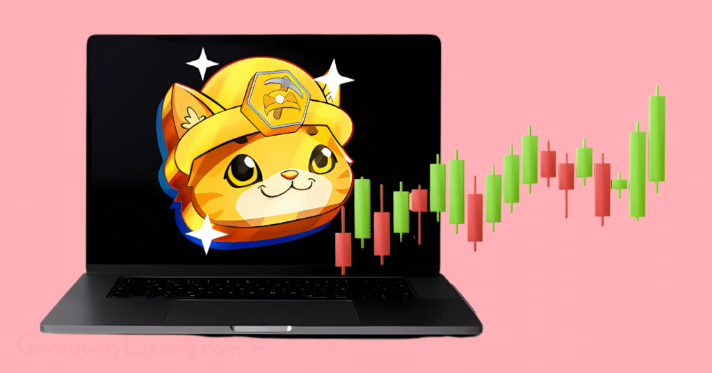 Mockup of the Cat Gold Miner coin logo on a laptop and trading candlesticks