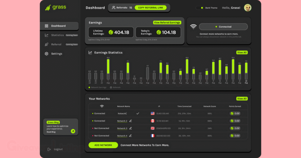 Black-themed Grass app dashboard